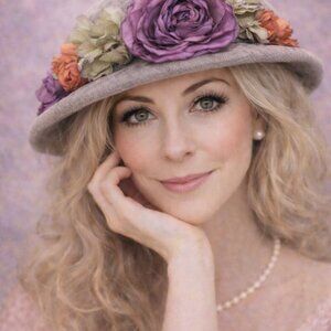 🌸 VTG 80s–90s Corduroy Garden Party Hat Floral Trim